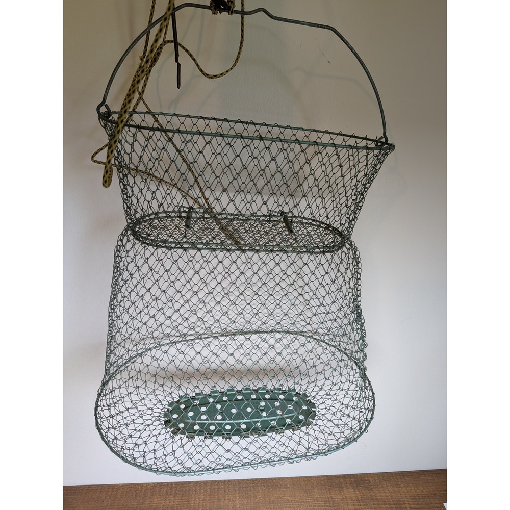 Vintage Made France INOX Collapsible Wire Metal Mesh Fish Basket Oval Green Prop